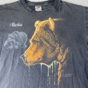 VTG Grizzly Bear Shirt 3D Strong Animal Men XL Nature Tee Sun Faded Black Alaska